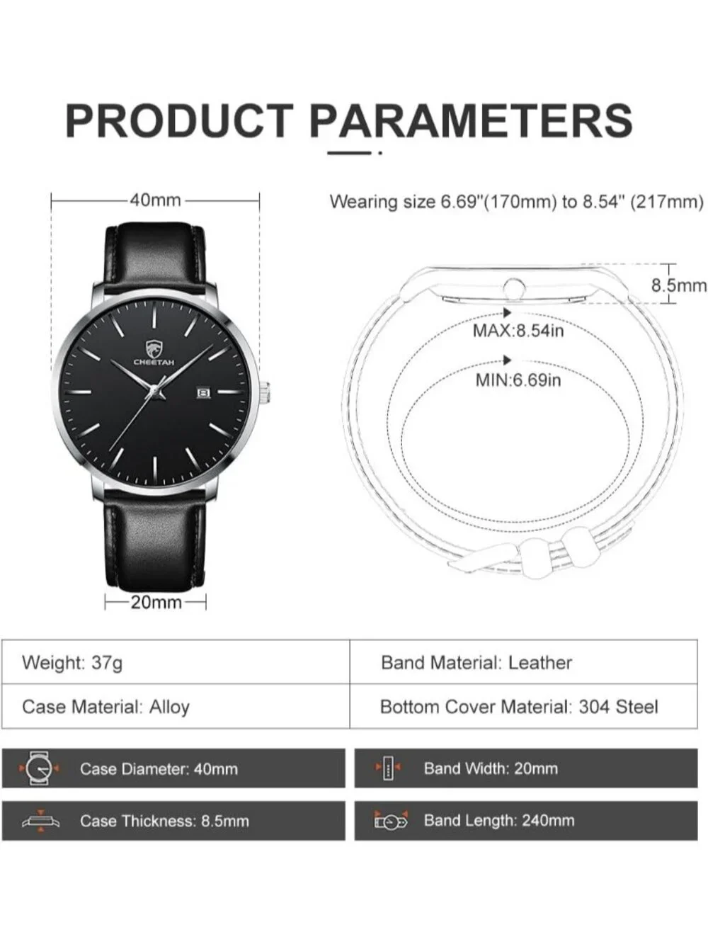 Men's Silver/Black Leather Strap Minimalist Waterproof Quartz Date Wrist Watch